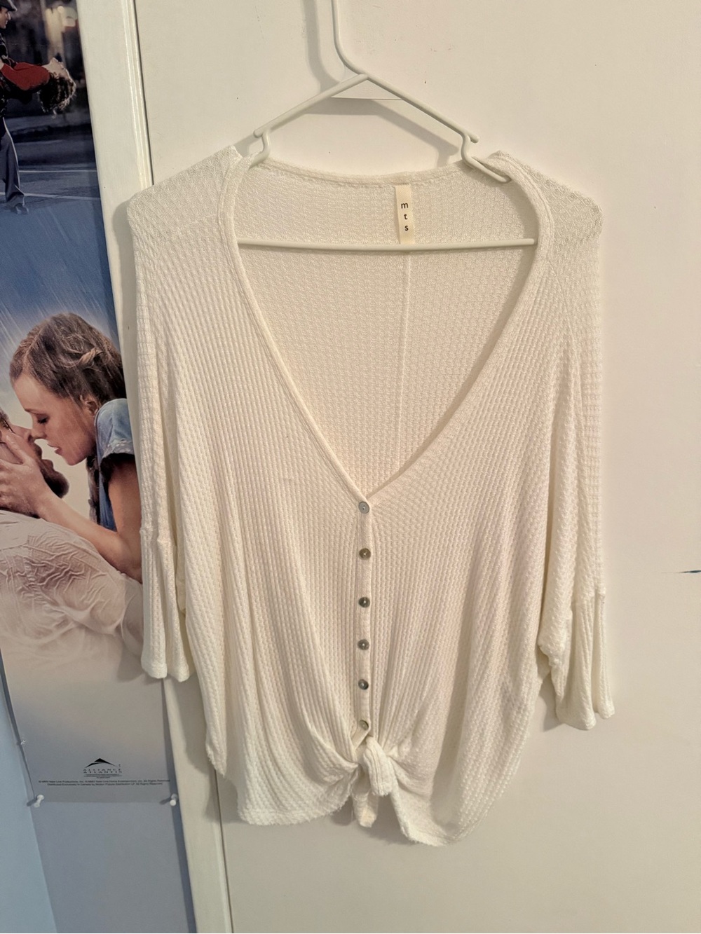mts White Waffle-Knit Button Tie Front Top